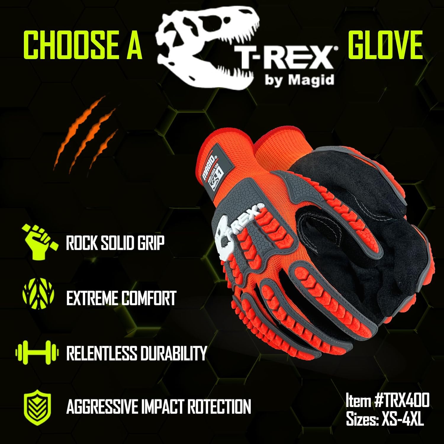 MAGID T-REX TRX400 Impact Gloves, Sandy Nitrile, 1 Pair