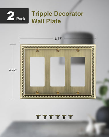 2-Pack Triple Decorator Outlet Cover Plate, Antique Brass