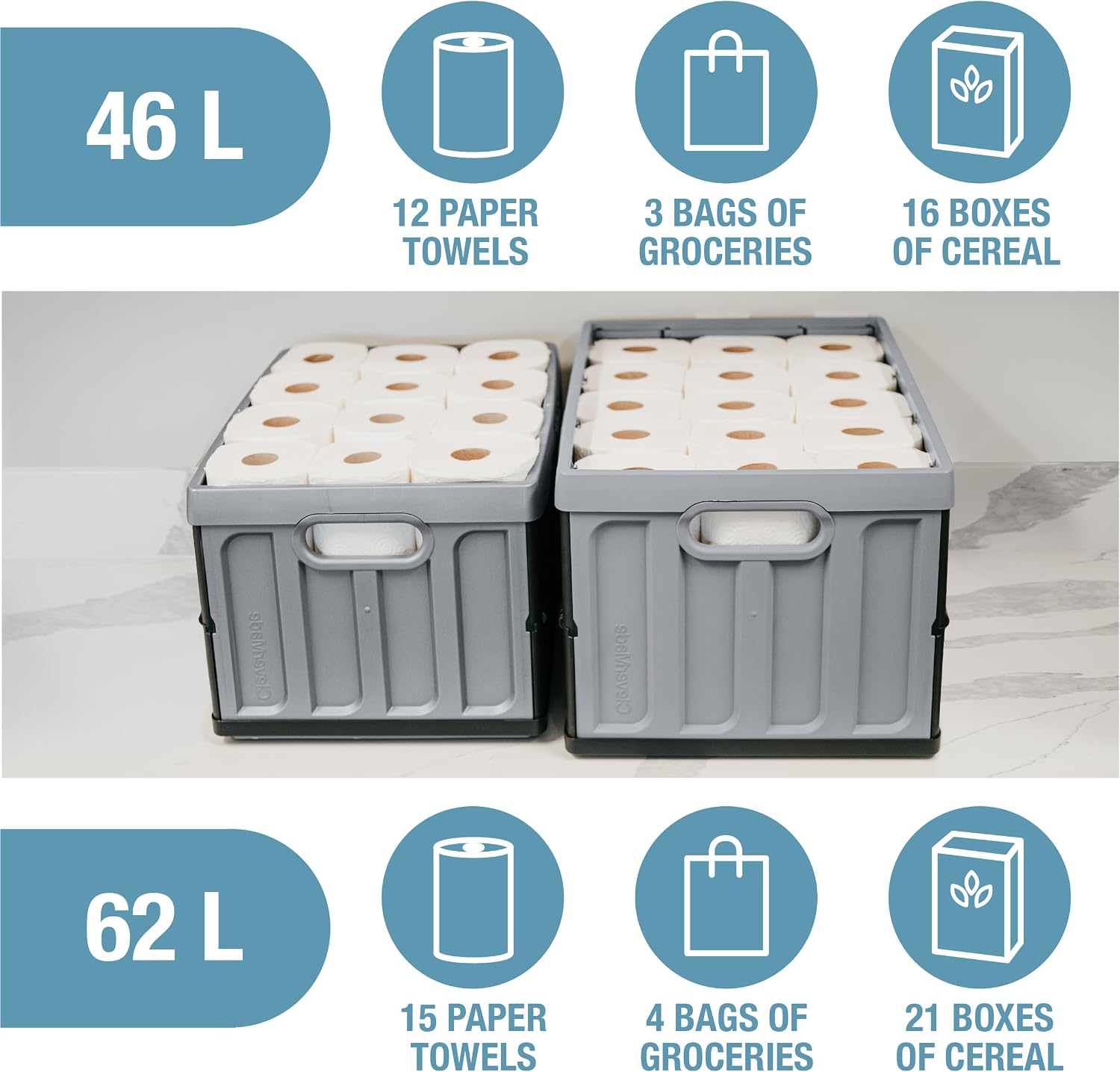 Collapsible Storage Bin (With Lid) (100% Recycled) - 62L - Obsidian (3PK)