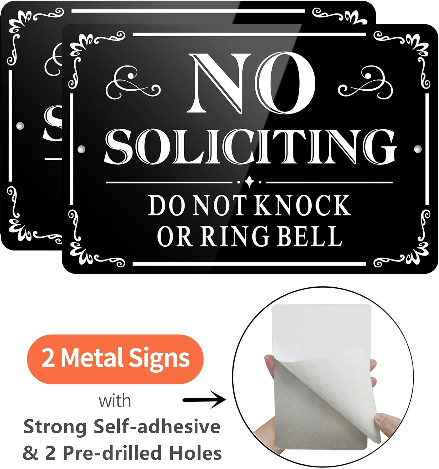 No Soliciting Sign for Front Door, (2 Pack) Self-adhesive No Soliciting Sign for House, 9 x 6 inches Aluminum Metal Signs for Yard (Black/White, Large 9 x 6 inches)