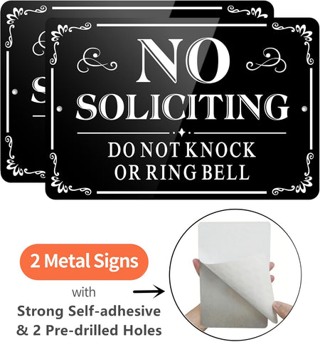 No Soliciting Sign for Front Door, (2 Pack) Self-adhesive No Soliciting Sign for House, 9 x 6 inches Aluminum Metal Signs for Yard (Black/White, Large 9 x 6 inches)
