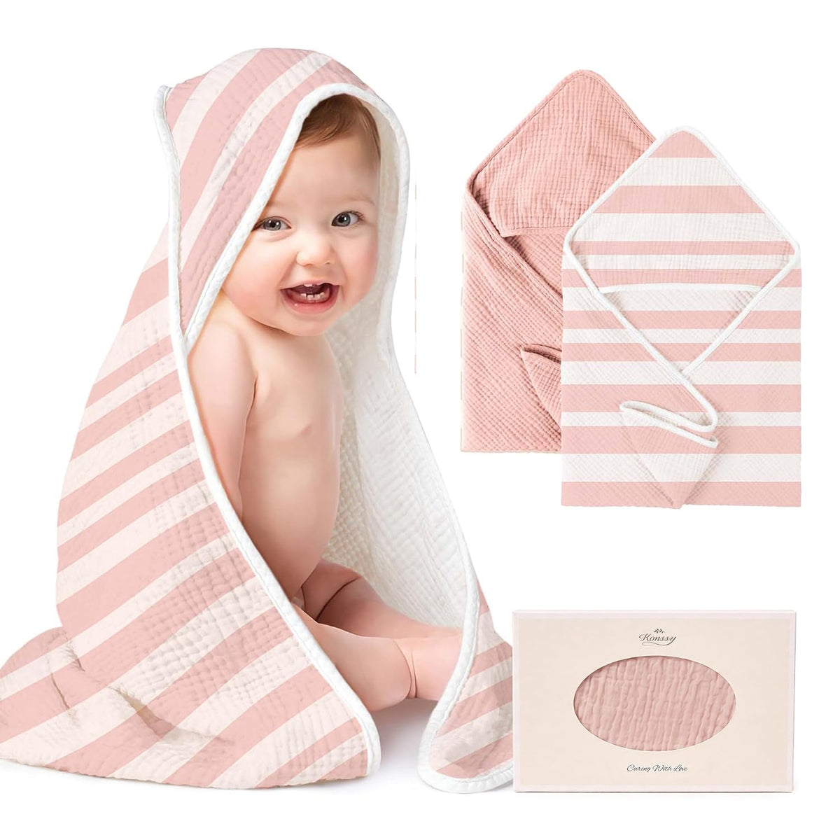 Konssy 2-Pack 100% Muslin Cotton Hooded Baby Bath Towels for Boys and Girls