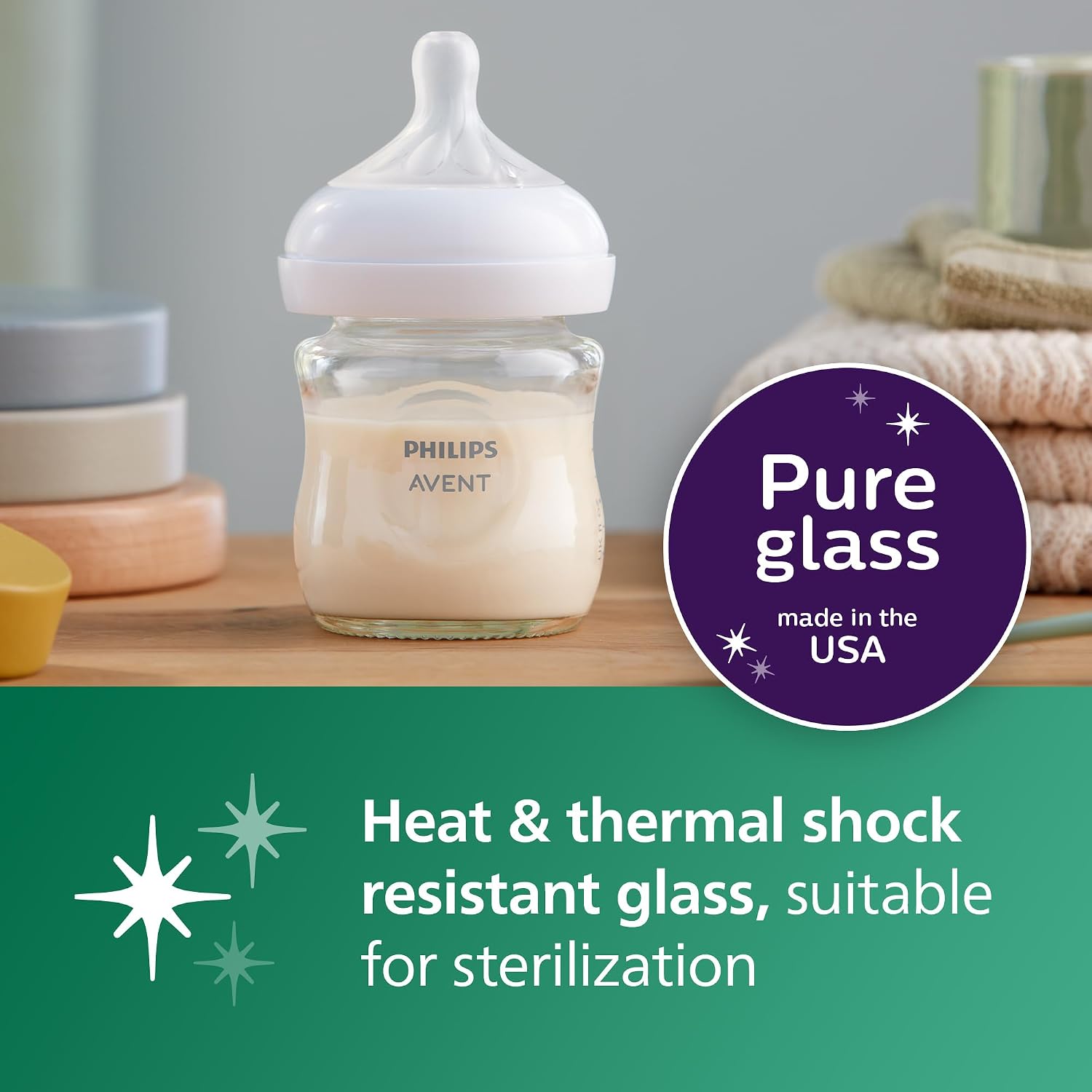 Philips Avent Natural Glass Baby Bottle, Slow Flow, 4 oz, BPA-Free, 1-Pack