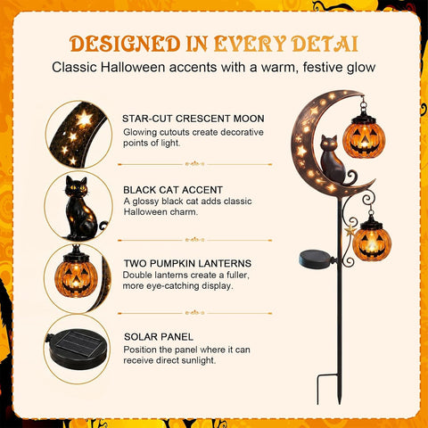 Pumpkin Moon Garden Stake Light & Black Cat Garden Stake Light, Outdoor Halloween Decorations with LED Lantern, Solar Halloween Lights for Lawn, Pathway, Porch, Patio