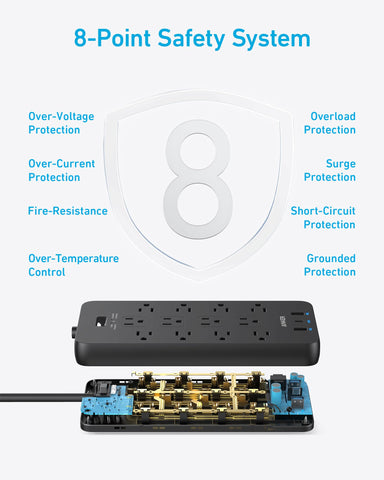 Anker Power Strip with 3 USB Ports，Surge Protector (2100J-10ft)，12 Outlets with 2 USB A Ports and 1 USB C Port,Works with iPhone 15/15 Plus/15 Pro/15 Pro Max,for Home,Office, TUV Listed