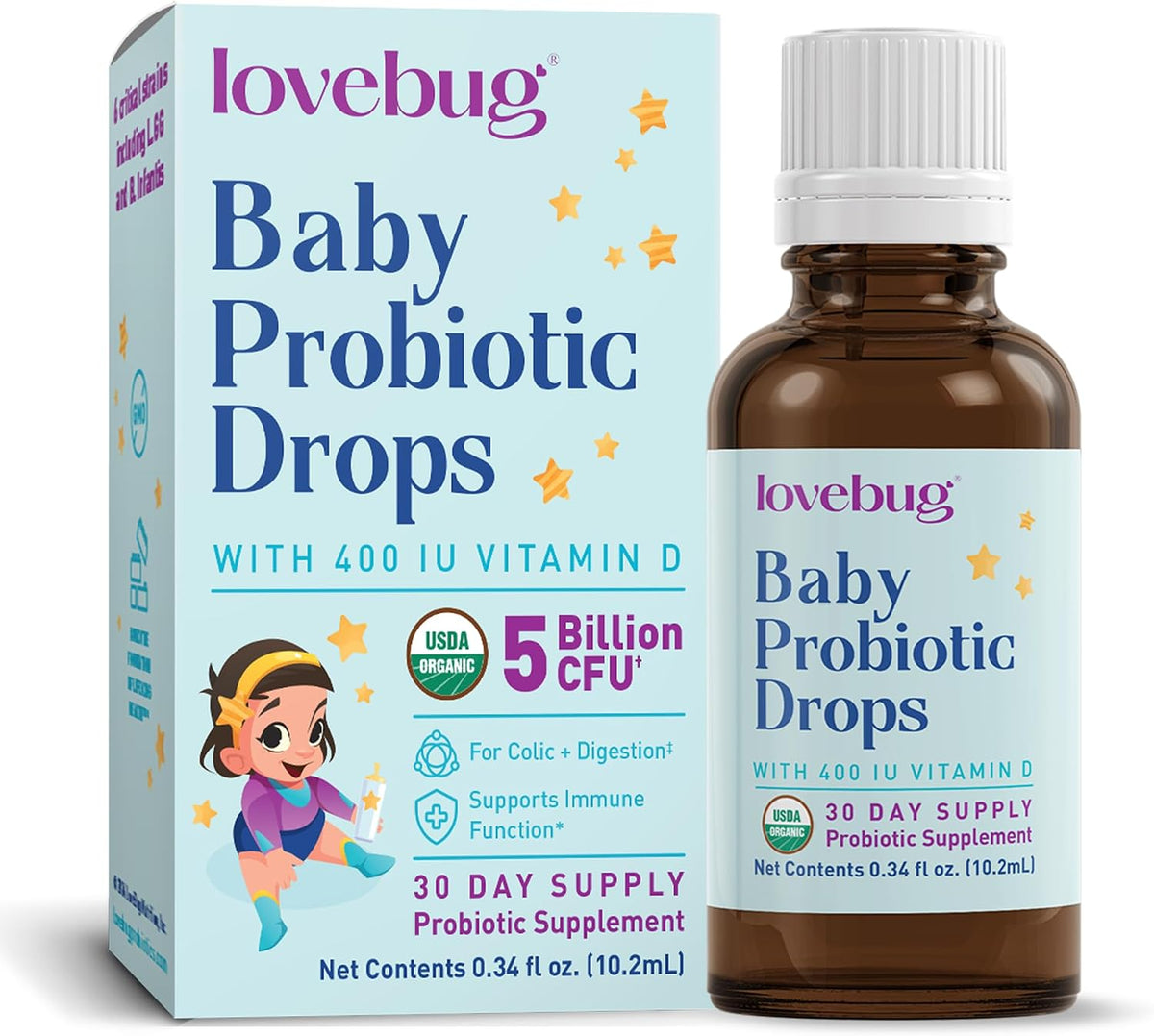 LOVEBUG Baby Probiotic Drops - Organic Probiotics for Immune Support and Baby Constipation & Colic Relief - Tasteless & Sugar-Free Liquid Drops for Newborns, Babies & Infants (0-12 Months) - 10ml