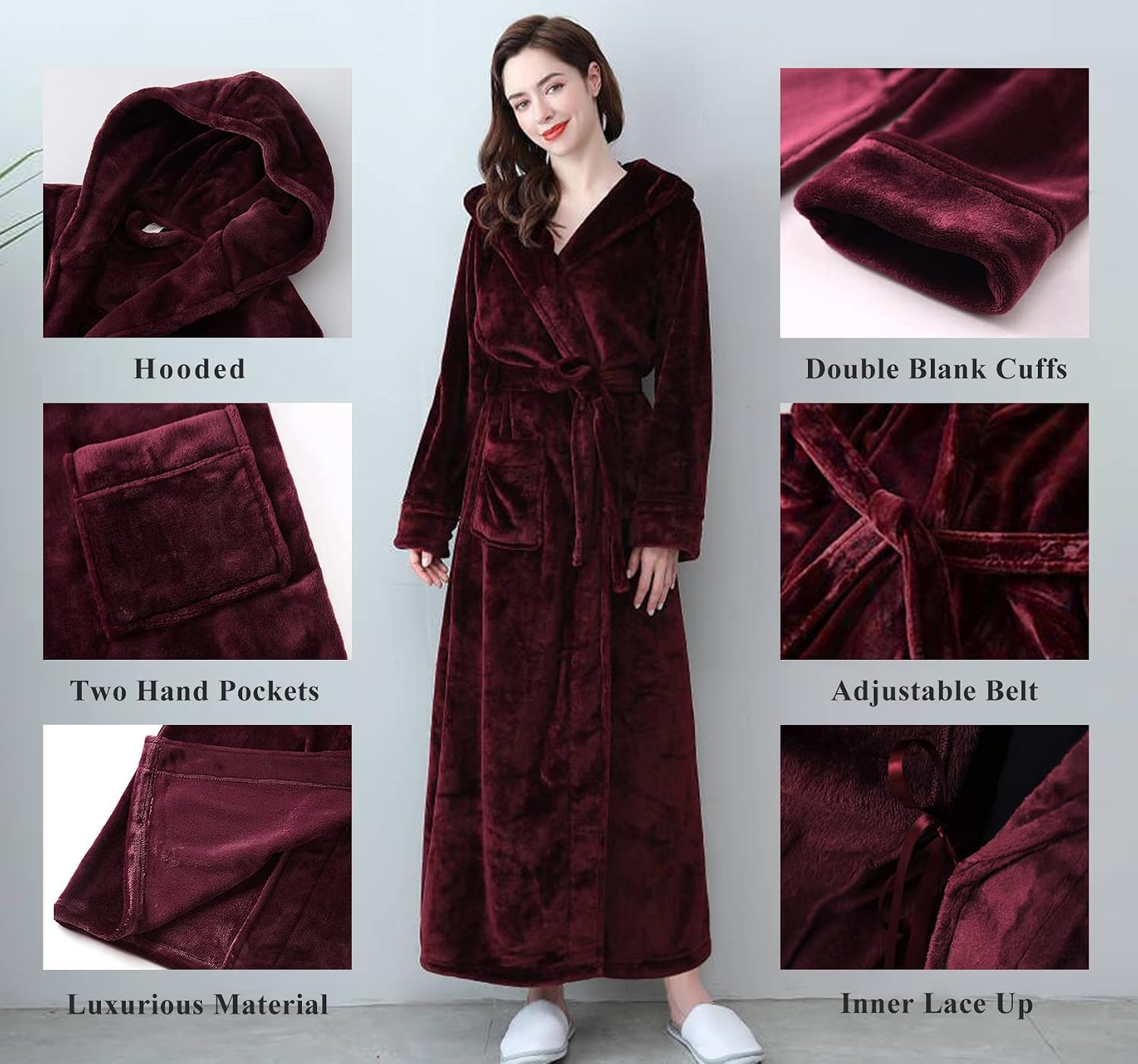 Flygo Womens Fluffy Plush Long Hooded Robe Full Length Fleece Bathrobe
