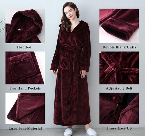 Flygo Womens Fluffy Plush Long Hooded Robe Full Length Fleece Bathrobe