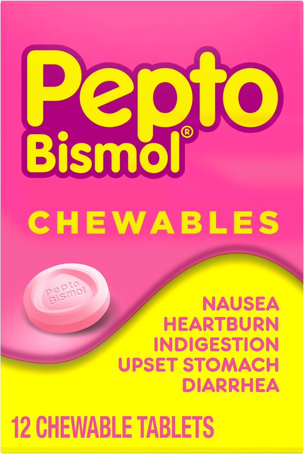 Pepto Bismol Chewable Tablets, Upset Stomach Relief, Nausea Relief, Heartburn Relief, Indigestion Relief, Anti Diarrhea Medication for Adults - 5 Symptom Relief, 12 ct