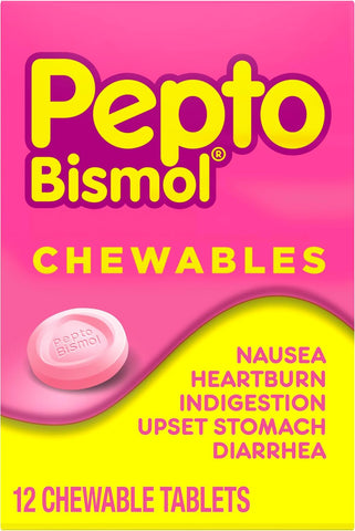 Pepto Bismol Chewable Tablets, Upset Stomach Relief, Nausea Relief, Heartburn Relief, Indigestion Relief, Anti Diarrhea Medication for Adults - 5 Symptom Relief, 12 ct