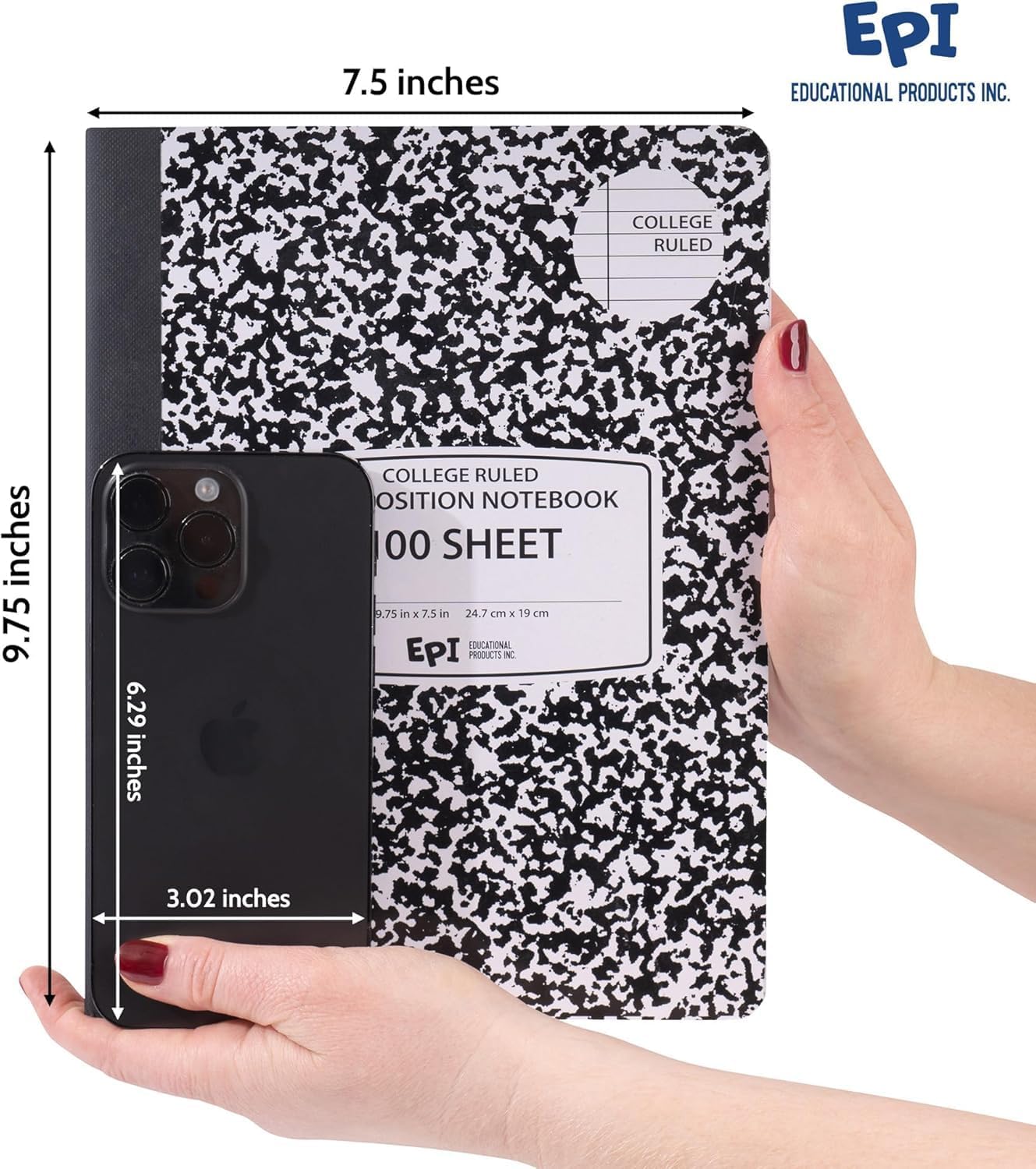 960 Pack (Pallet) EPI College Ruled Composition Notebook Bulk, 200 pages (100 Sheets), 9-3/4 x 7-1/2, Black Marble, Bulk School Supplies, Heavy Duty, Durable Office Notebooks, Sturdy Sewn Binding