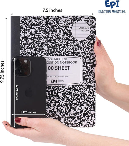 960 Pack (Pallet) EPI College Ruled Composition Notebook Bulk, 200 pages (100 Sheets), 9-3/4 x 7-1/2, Black Marble, Bulk School Supplies, Heavy Duty, Durable Office Notebooks, Sturdy Sewn Binding