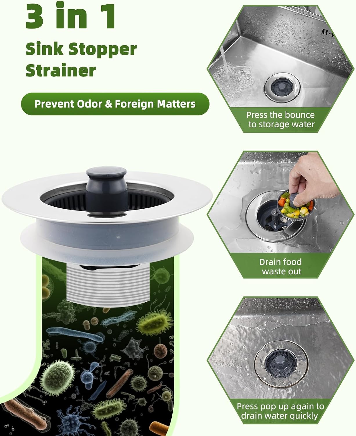 Universal 2PCS Kitchen Sink Strainer Stopper Combo, 3 in 1 Pop Up