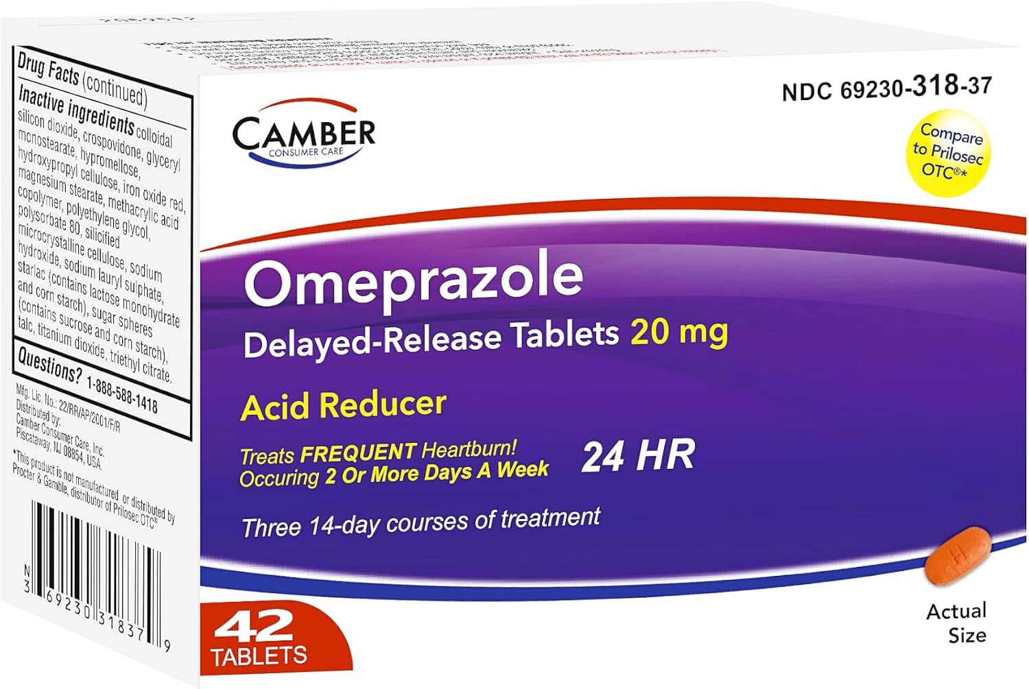 Camber Omeprazole 20mg Delayed-Release Tablets, Heartburn and Acid Reducer Reflux Medicine (42 Count)