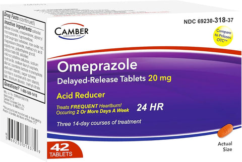 Camber Omeprazole 20mg Delayed-Release Tablets, Heartburn and Acid Reducer Reflux Medicine (42 Count)