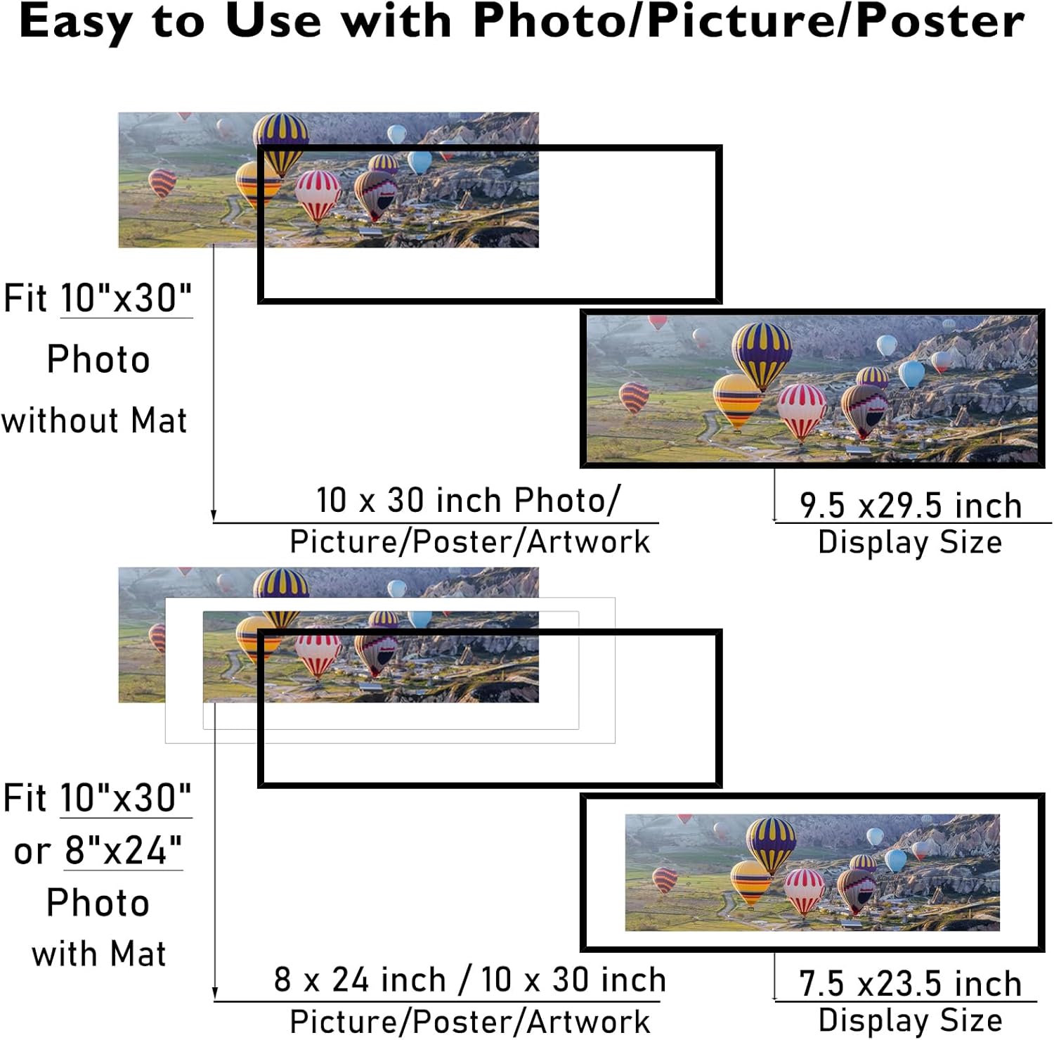 JCJMY 10x30 Picture Frame with 8x24 Mat, Display Photo 8x24 with Mat or 10 x 30 Without Mat, Wall Hanging Large 10 by 30 Poster Frame with Plexiglass, Black