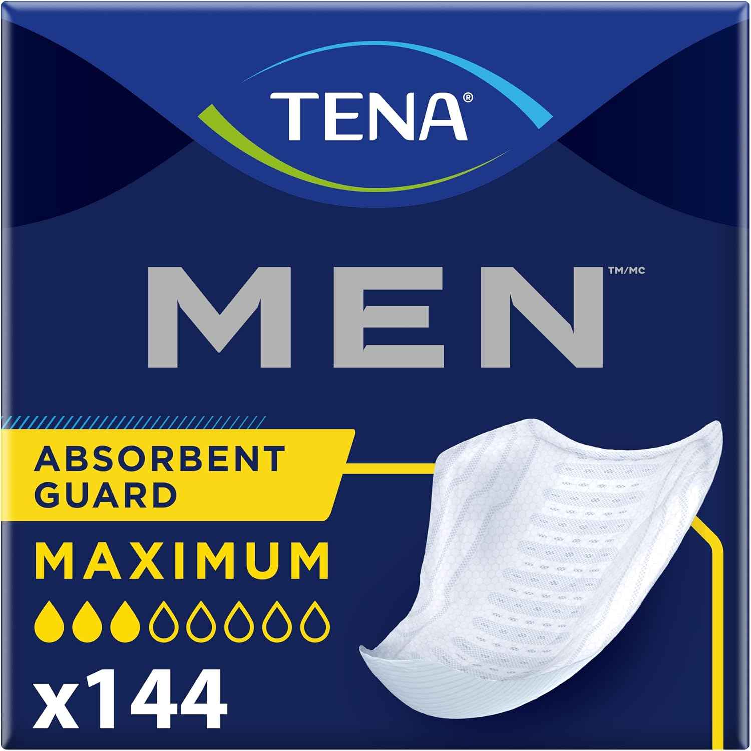TENA Men Maximum Guards, Incontinence Pads for Men, 144 ct | Engineered to fit the male anatomy, these discreet, cup-shaped male guards help manage moderate bladder leaks, odor & wetness