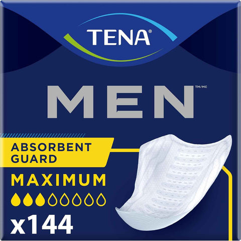 TENA Men Maximum Guards, Incontinence Pads for Men, 144 ct | Engineered to fit the male anatomy, these discreet, cup-shaped male guards help manage moderate bladder leaks, odor & wetness
