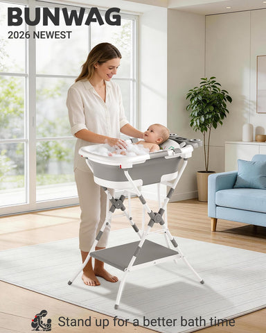 BUNWAG Foldable Baby Bathtub with Stand, 2-in-1 Portable Infant Bath Tub for Newborns and Toddlers, Ergonomic Height for Back Protection& Compact Storage Design