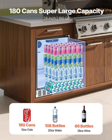 VEVOR 24-Inch Outdoor Beverage Refrigerator, 150 QT Built-in Drink Fridge, 0.56 kWh/Day Energy-Efficient Cooler with 304 Stainless Steel Door, Holds 180 Cans for Outdoor Kitchen, Home Bar, Patio