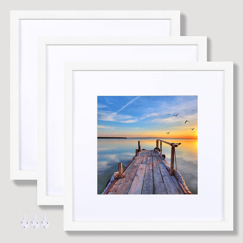 Hongkee 12x12 White Picture Frames Set of 3, Real Glass, Wood Frame,Mat 8x8