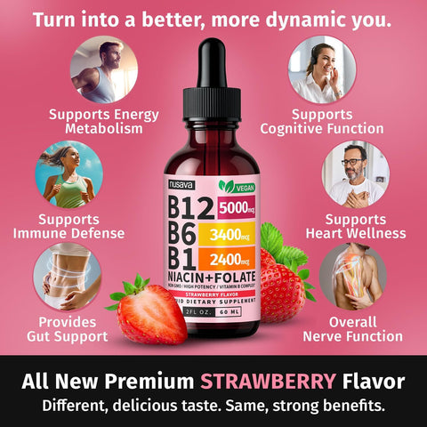 NUSAVA B12 Liquid Drops 5000mcg, Strawberry, Pack of 4