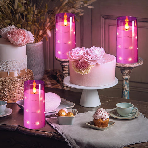 NURADA 3"x6"Flickering Flameless Candles: Built-in Star String Lights 3D Wick Battery Operated LED Pillar Candles with Remote and Timer for Table Wedding Centerpieces Party - 2 Pack Purple