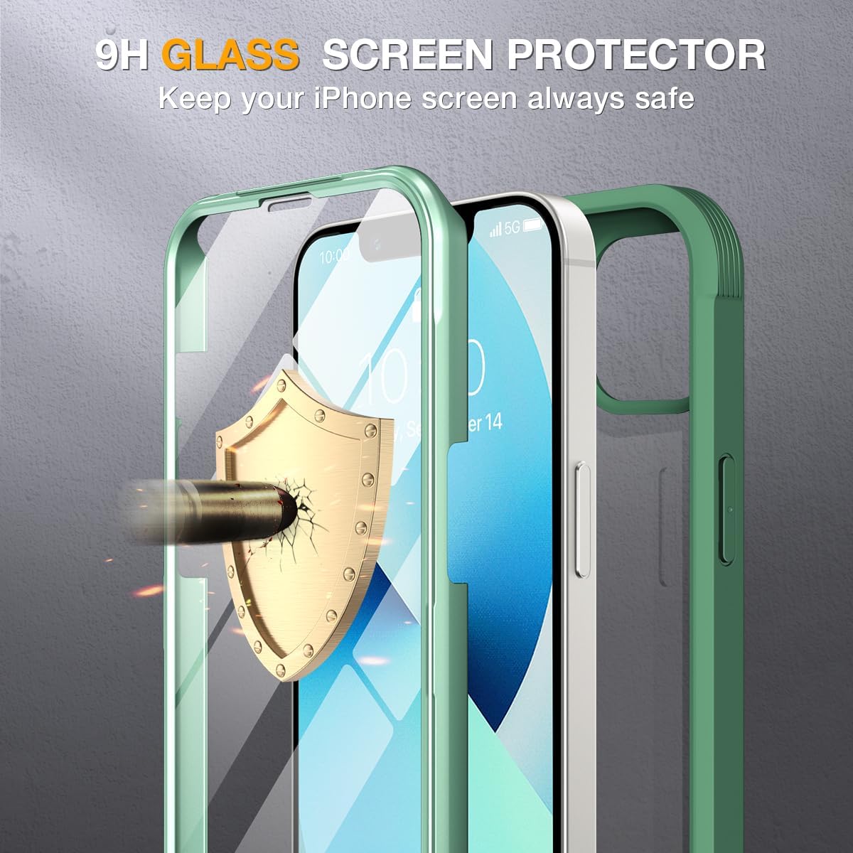 miracase for iPhone 13 Case 6.1",Built-in Glass Screen Protector,Green