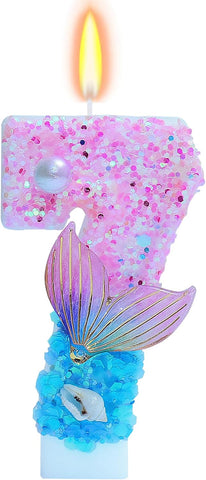 Mermaid Themed Birthday Candles, Number 7 Girls Glitter Birthday Party Supplies,Anniversary Party Decor,2.87 inch Cake Topper Decorations (Mermaid Themed, Number 7)