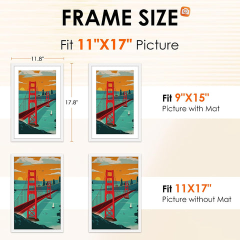 FIXSMITH 11x17 Picture Frame White Set of 2, Photo Frame with HD Plexiglass, Display Pictures 9x15 with Mat or 11x17 Without Mat, White Picture Frames Collage Wall Decor, Gallary Wall Frame