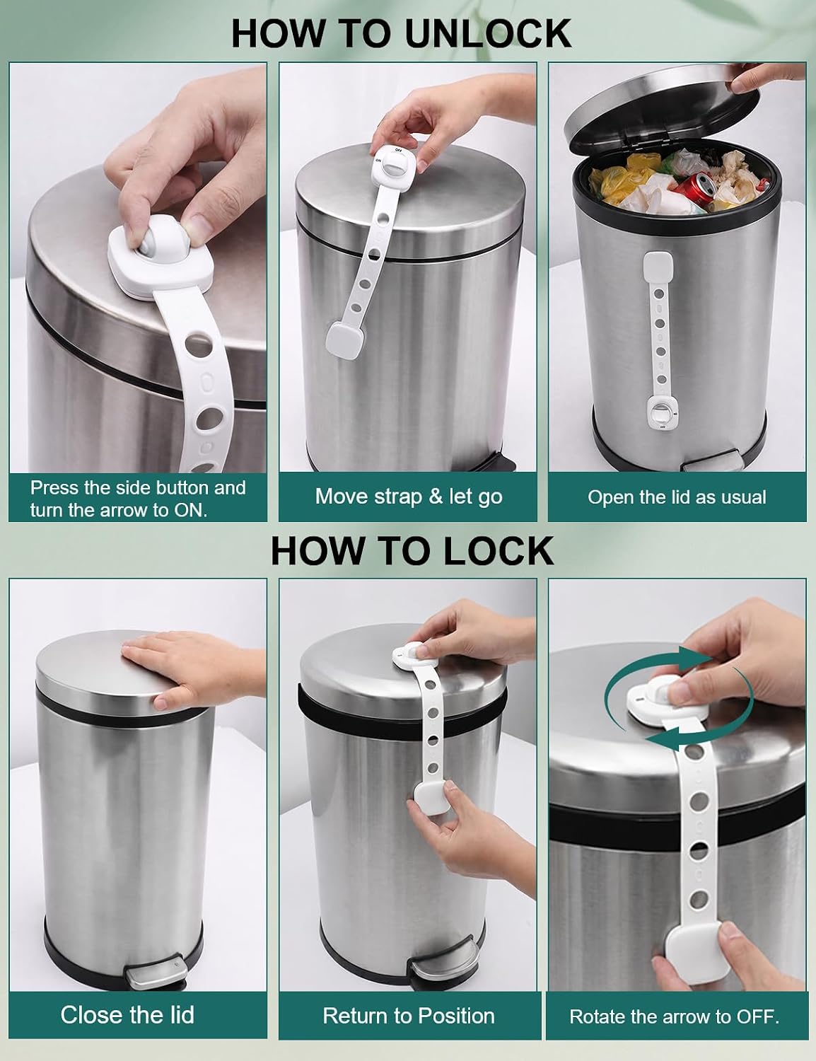 LynxLink White Trash Can Lock Strap 2 Pack - Dual Button Child Proof Garbage Can Lid Lock for Kitchen & Bathroom - Strong Adhesive Dog Proof Trash Can