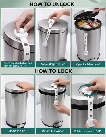 LynxLink White Trash Can Lock Strap 2 Pack - Dual Button Child Proof Garbage Can Lid Lock for Kitchen & Bathroom - Strong Adhesive Dog Proof Trash Can