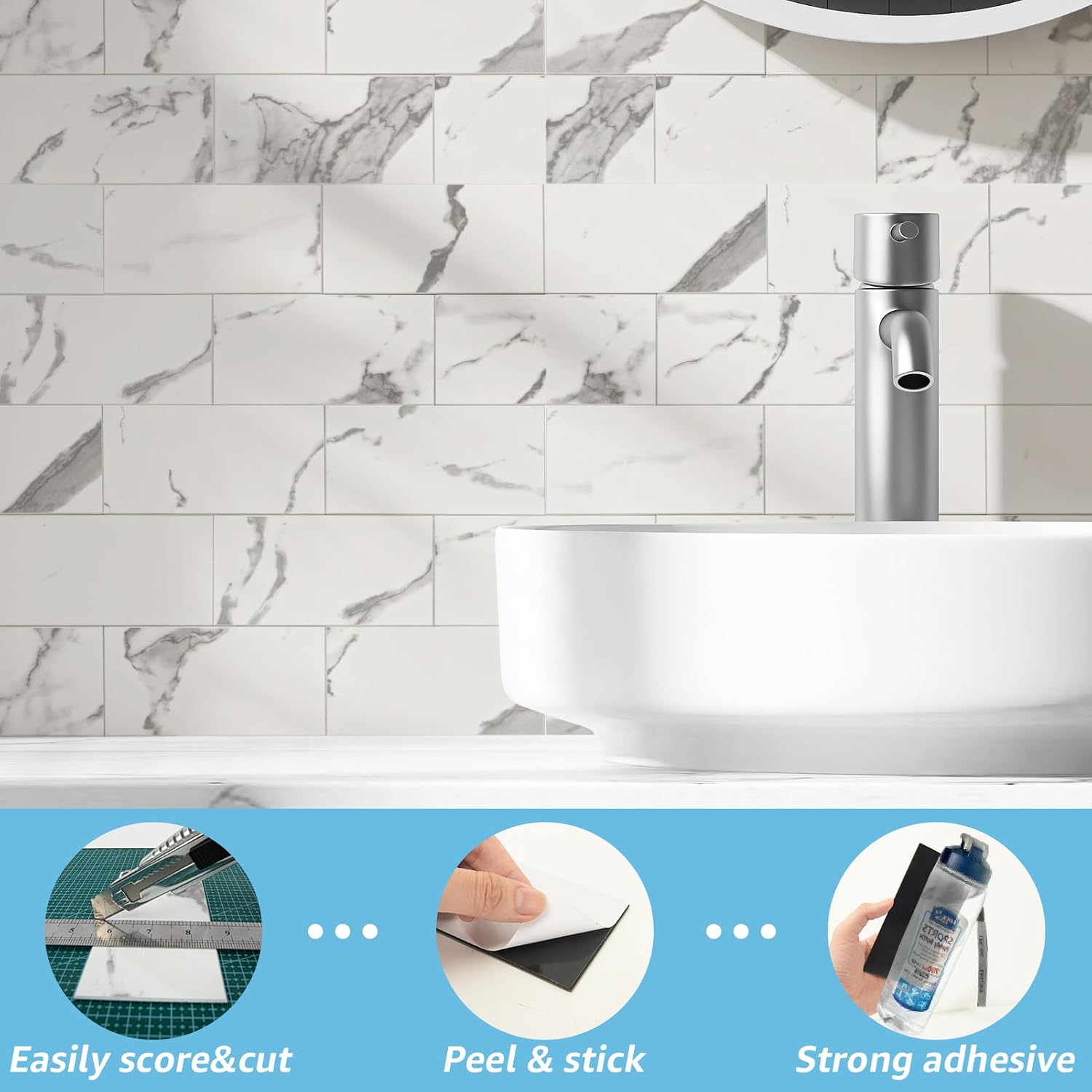 Art3d 102-Pack Peel and Stick Backsplash on Subway Tile, Gray Marble