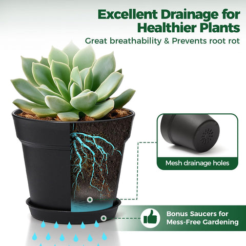 T4U Small Plant Pots 5 Inch 8 Pack, Plastic Indoor Flower Pots Saucer Black