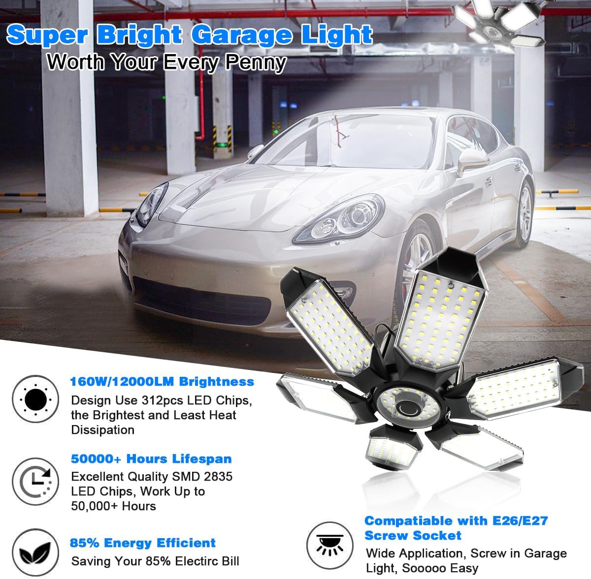 LED Garage Light - 160W LED Garage Ceiling Lights 16000LM Super Bright Garage Lighting with 6 Deformable Panels E26/E27 Screw in Led Shop Lights for Basement Workshop Warehouse Attic