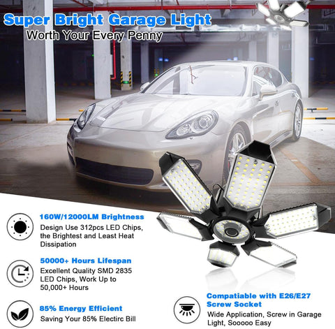 LED Garage Light - 160W LED Garage Ceiling Lights 16000LM Super Bright Garage Lighting with 6 Deformable Panels E26/E27 Screw in Led Shop Lights for Basement Workshop Warehouse Attic