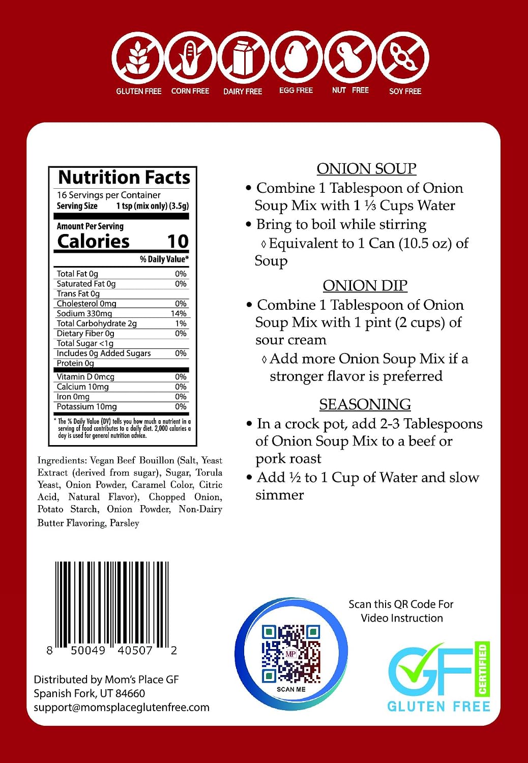 Mom's Place Gluten-Free Onion Soup & Dip Mix, Vegan, Dairy Free, 2 oz