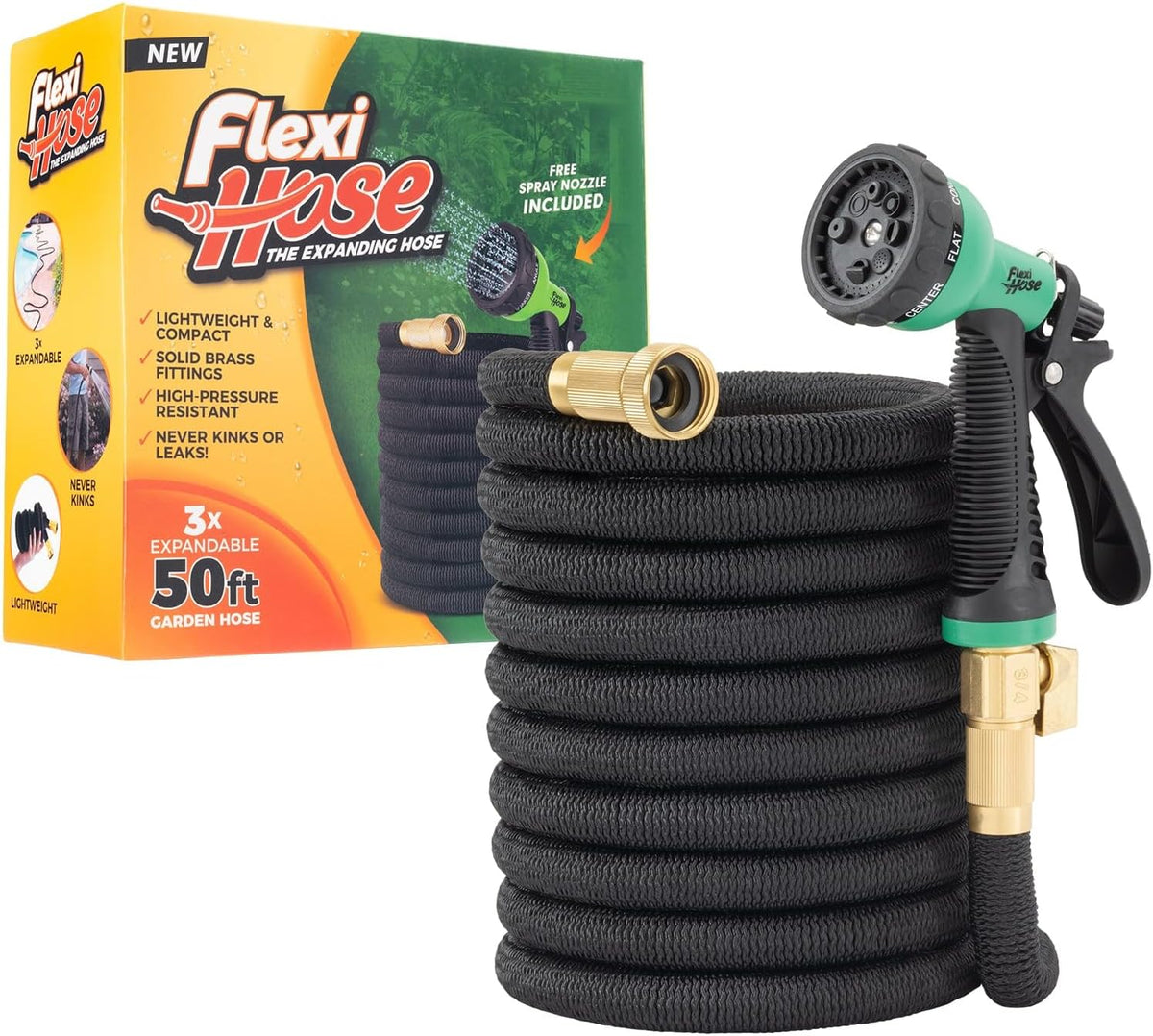 Flexi Hose with 8 Function Nozzle, 50FT - Lightweight Expandable Garden Hose, No-Kink Flexibility, 3/4 Inch Solid Brass Fittings and Double Latex Core