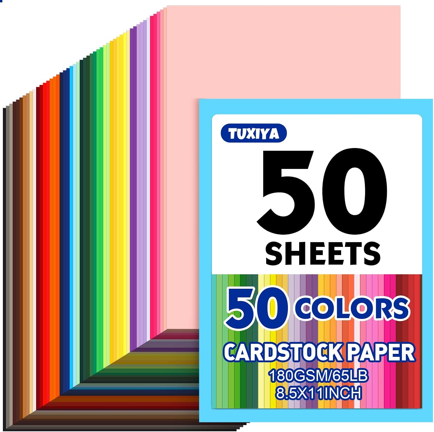 TUXIYA 50 Sheets 8.5" X 11" Colored Cardstock, 50 Colors Card Stock