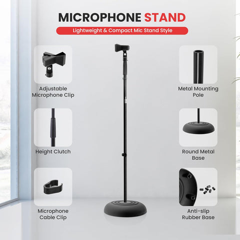 Pyle Adjustable Microphone Stand - Universal Mic Stand with Compact Heavy Base, Floor Standing Design, Height Adjustable, Pivot Angle Clip for Singing & Recording (2.8’ - 5’ ft., 9.8” Base Diameter)