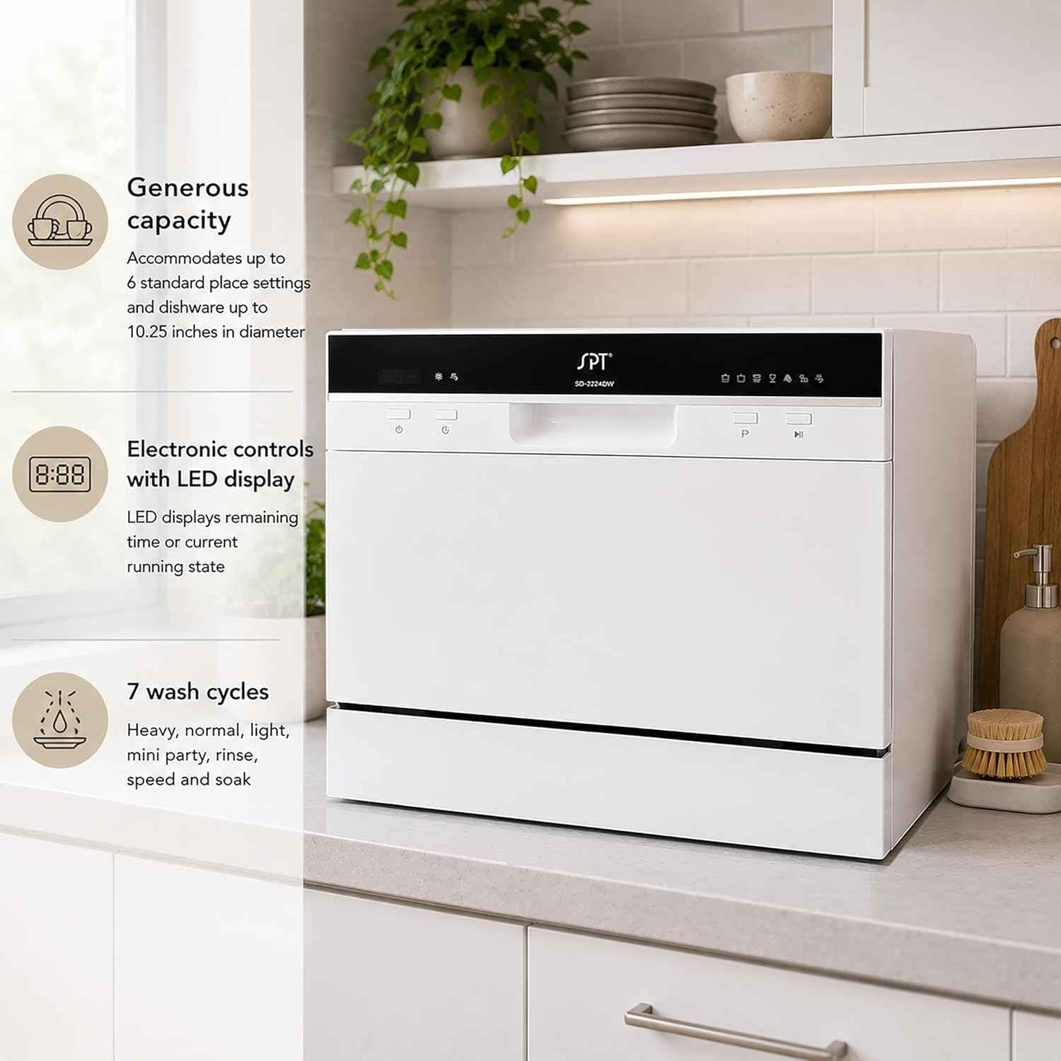 SPT SD-2224DW ENERGY STAR Countertop Dishwasher with Delay Start - Portable Dishwasher with Stainless Steel Interior and 6 Place Settings for Apartment Office And Home Kitchen, White