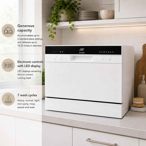 SPT SD-2224DW ENERGY STAR Countertop Dishwasher with Delay Start - Portable Dishwasher with Stainless Steel Interior and 6 Place Settings for Apartment Office And Home Kitchen, White