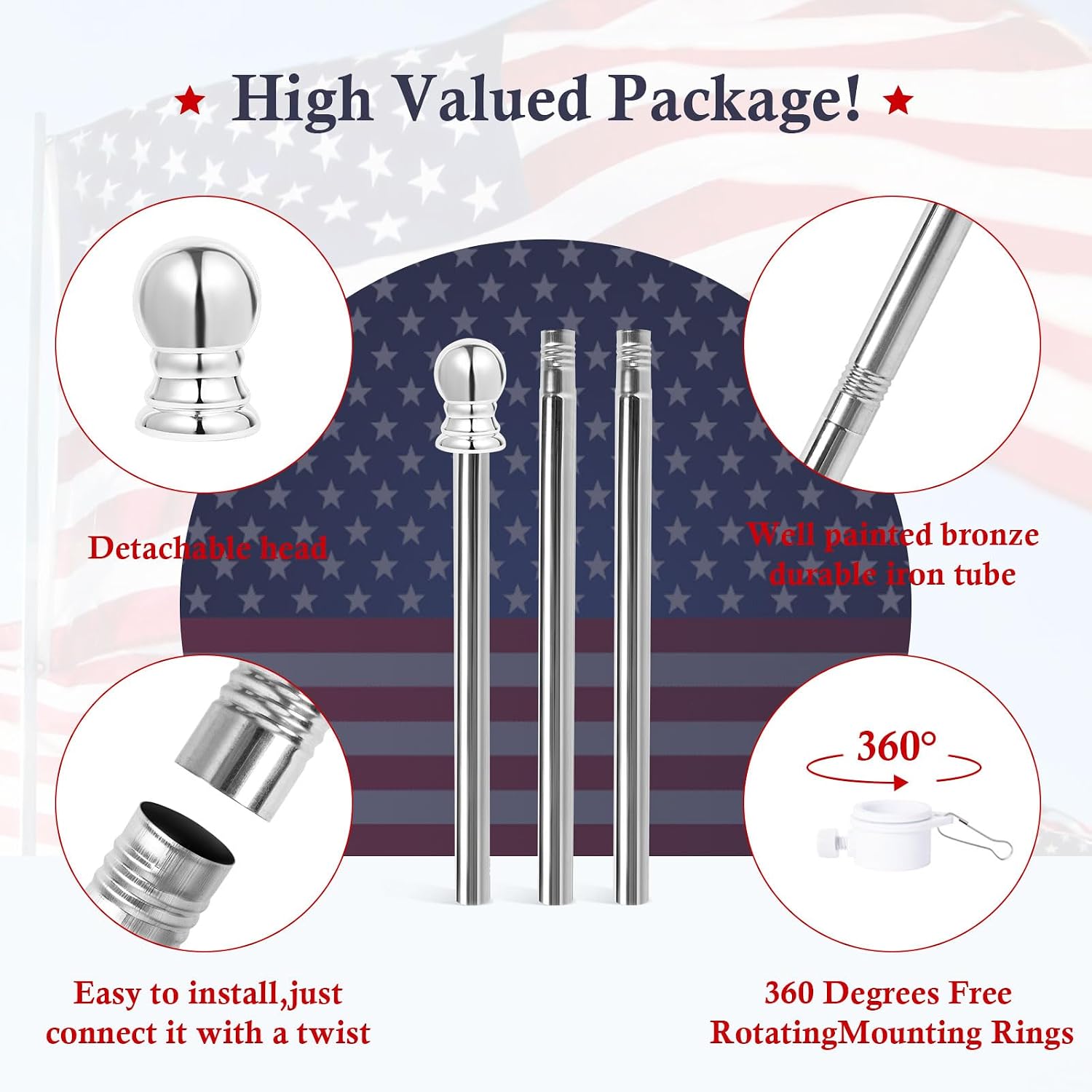 Flag Pole Kit 5ft Flag Pole for Outside House, Flag Poles with Tangle Free Flag Pole Rings for 3x5 American Flag Mounting Bracket Stainless Steel Heavy Duty for Yard Truck Boat(Without Bracket)