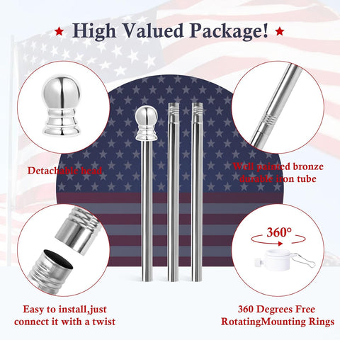 Flag Pole Kit 5ft Flag Pole for Outside House, Flag Poles with Tangle Free Flag Pole Rings for 3x5 American Flag Mounting Bracket Stainless Steel Heavy Duty for Yard Truck Boat(Without Bracket)