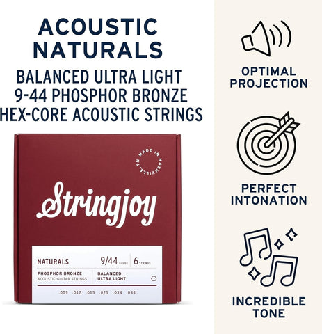 Stringjoy Naturals 9-44 Balanced Ultra Light guitar strings – Phosphor Bronze Acoustic Guitar Strings - Extra Comfort with Balanced Tension & Outstanding Tone, Acoustic 6 String Set, 2-Pack