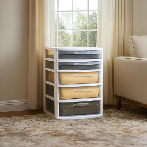 Homz 5-Drawer Plastic Bedroom & Closet Organizer Storage, Clear/White Frame