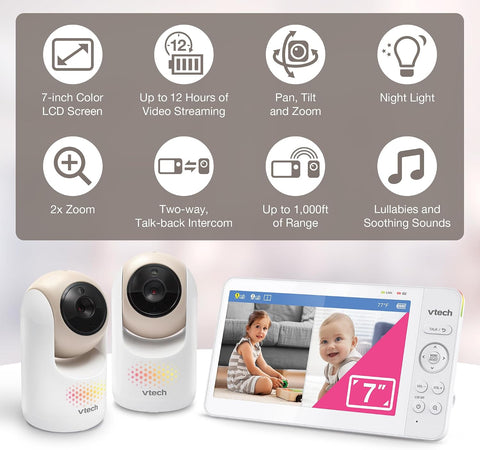 VTech Baby Monitor No WiFi, 2 Cameras, 7" Split IPS Screen, 5000mAh 12Hr Battery, 360° Pan Tilt Zoom, Night Vision, Night Light | Advanced Max Twin Tan
