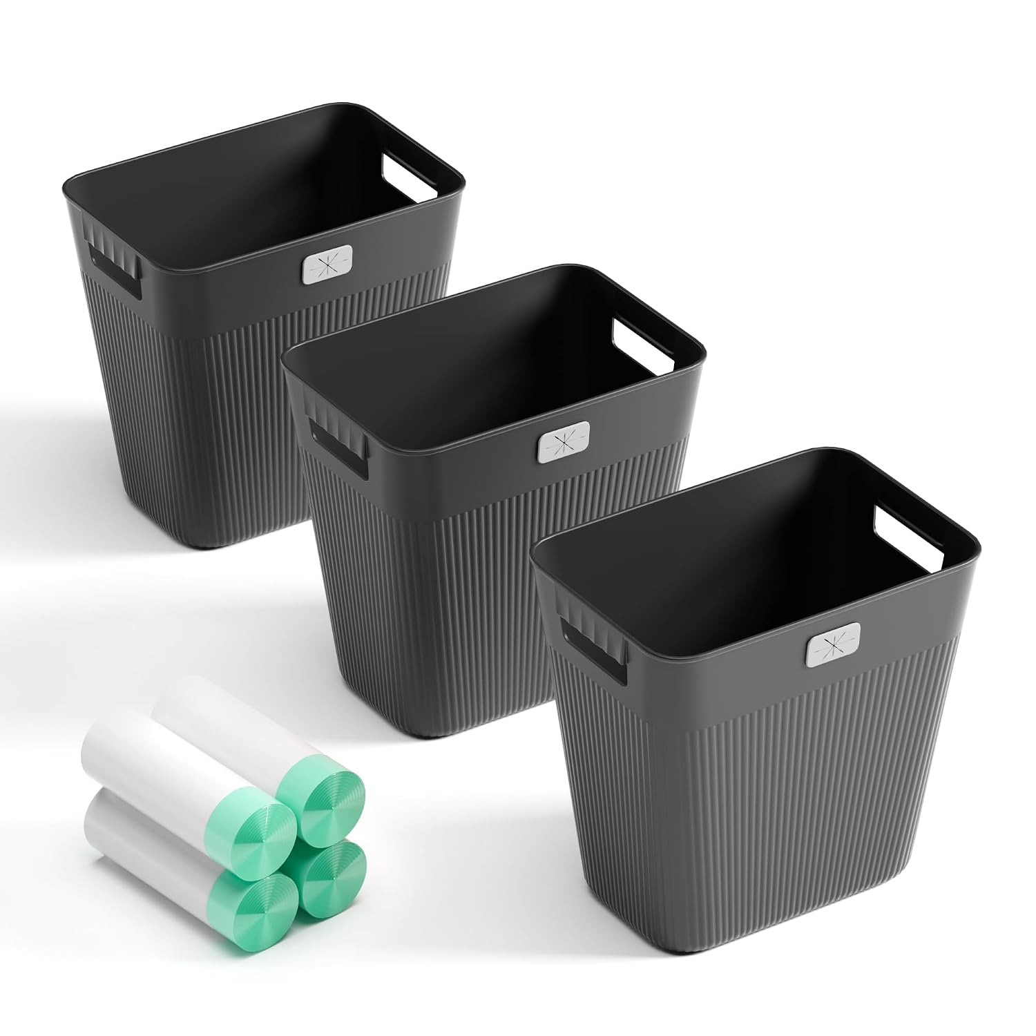 JOYMOOP Slim Trash Can 3-Pack, 2.2 Gallon Plastic Wastebasket for Bathroom, Bedroom, Office, Kitchen with 4 Rolls Bags, Black