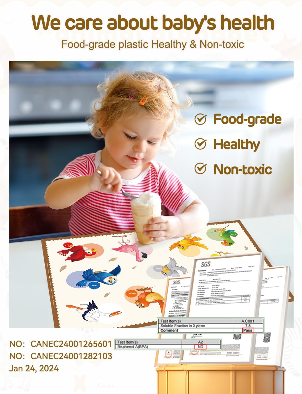 45 Pack Sticky Disposable Placemats for Baby & Toddlers, Cute Color Bird