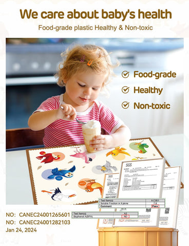 45 Pack Sticky Disposable Placemats for Baby & Toddlers, Cute Color Bird